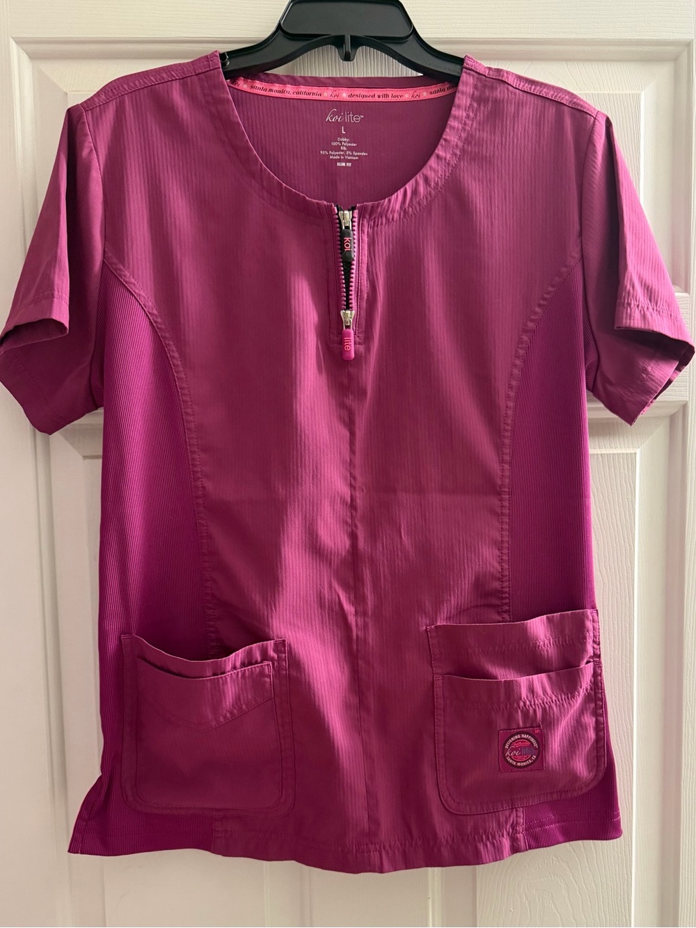 koi Women's Berry Zip-Front Scrub Top